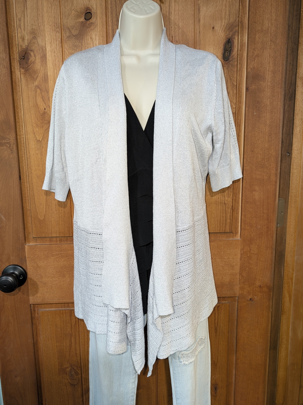 White House Black Market Light Gray Open-Front Short-Sleeve Sparkle Cardigan